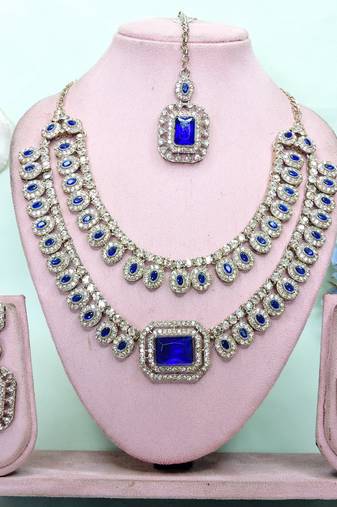 Blue yellow gold premium designer american diamond and stone work necklace set