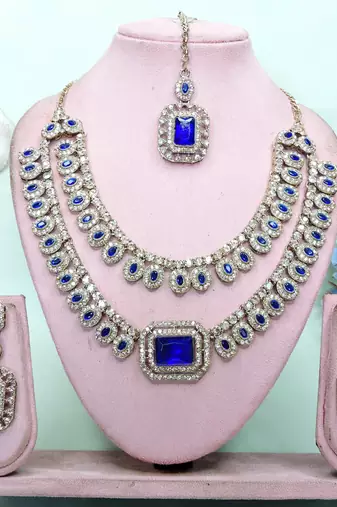 Blue yellow gold premium designer american diamond and stone work necklace set