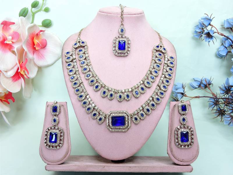 Blue yellow gold premium designer american diamond and stone work necklace set