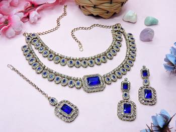 Blue yellow gold premium designer american diamond and stone work necklace set 2