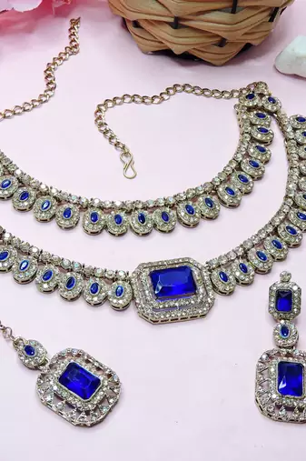 Blue yellow gold premium designer american diamond and stone work necklace set