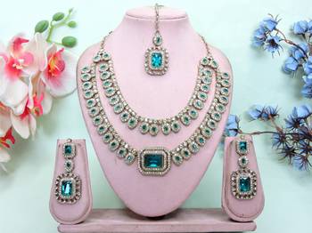 Green yellow gold premium designer american diamond and stone work necklace set 1