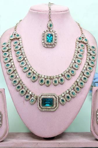 Green yellow gold premium designer american diamond and stone work necklace set