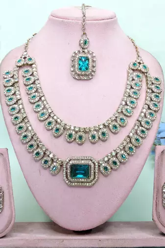 Green yellow gold premium designer american diamond and stone work necklace set