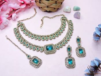 Green yellow gold premium designer american diamond and stone work necklace set 2
