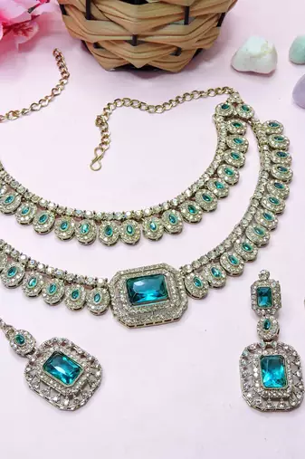Green yellow gold premium designer american diamond and stone work necklace set