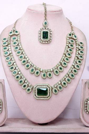Green yellow gold premium designer american diamond and stone work necklace set