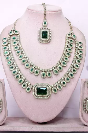 Green yellow gold premium designer american diamond and stone work necklace set