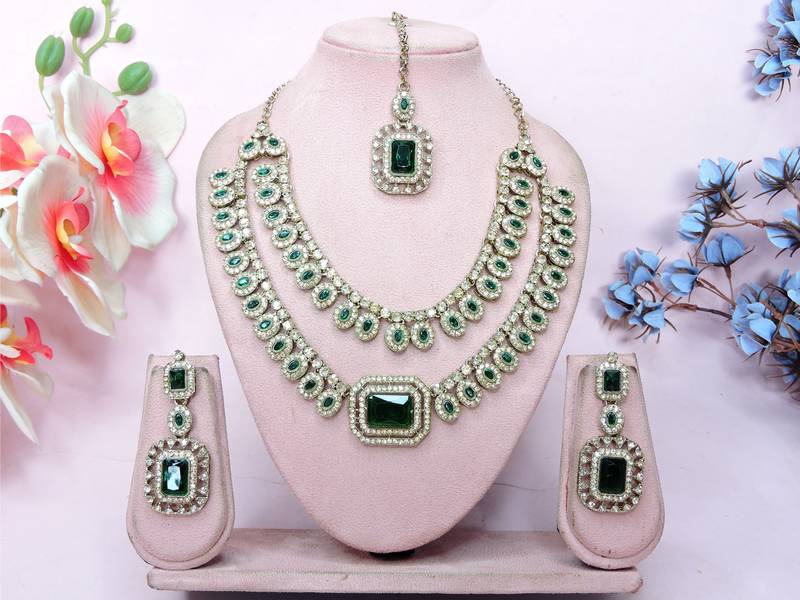 Green yellow gold premium designer american diamond and stone work necklace set