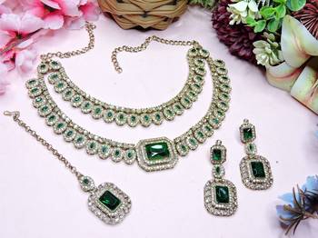 Green yellow gold premium designer american diamond and stone work necklace set 2