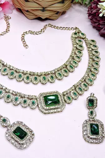 Green yellow gold premium designer american diamond and stone work necklace set