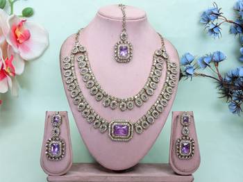 Purple yellow gold premium designer american diamond and stone work necklace set 1
