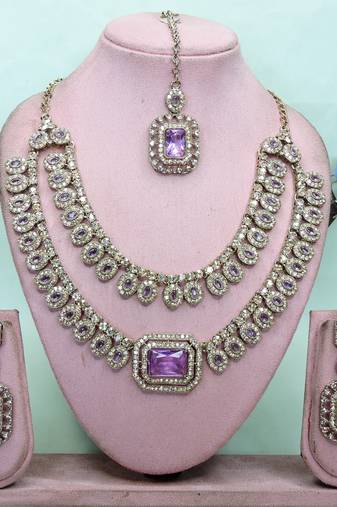 Purple yellow gold premium designer american diamond and stone work necklace set