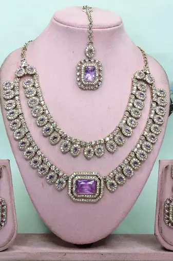 Purple yellow gold premium designer american diamond and stone work necklace set