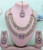 Purple yellow gold premium designer american diamond and stone work necklace set