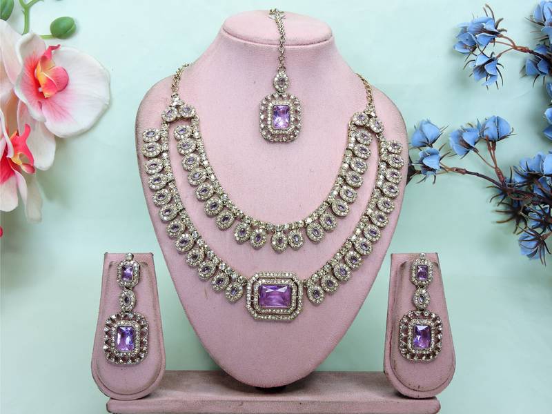 Purple yellow gold premium designer american diamond and stone work necklace set