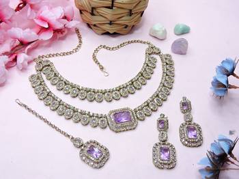 Purple yellow gold premium designer american diamond and stone work necklace set 2