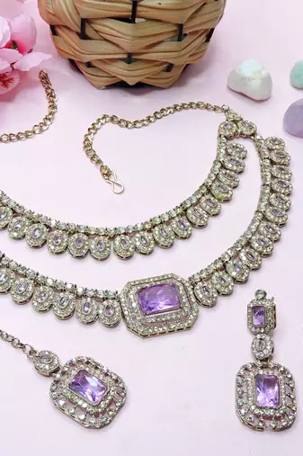 Purple yellow gold premium designer american diamond and stone work necklace set