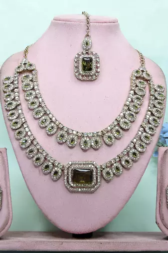 Green yellow gold premium designer american diamond and stone work necklace set