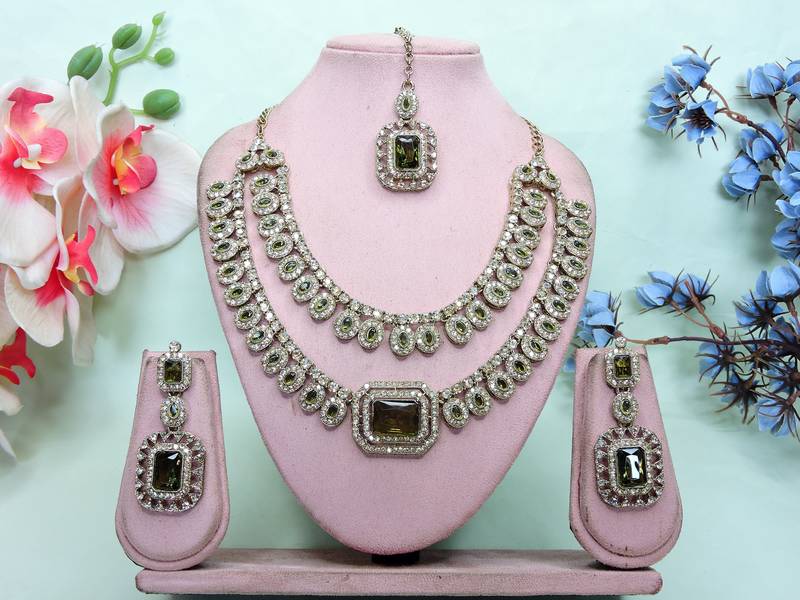 Green yellow gold premium designer american diamond and stone work necklace set