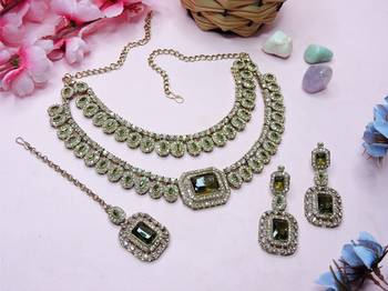 Green yellow gold premium designer american diamond and stone work necklace set 2