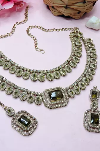 Green yellow gold premium designer american diamond and stone work necklace set