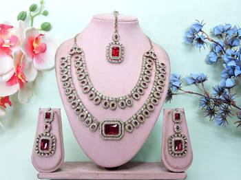 Maroon yellow gold premium designer american diamond and stone work necklace set 1