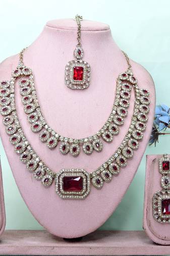Maroon yellow gold premium designer american diamond and stone work necklace set