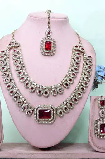 Maroon yellow gold premium designer american diamond and stone work necklace set