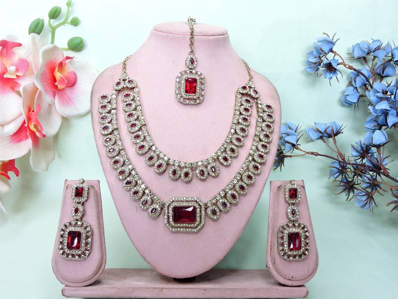 Maroon yellow gold premium designer american diamond and stone work necklace set