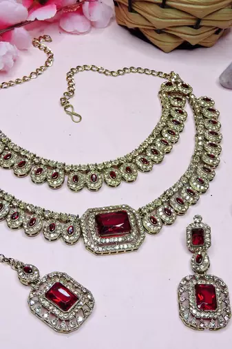 Maroon yellow gold premium designer american diamond and stone work necklace set