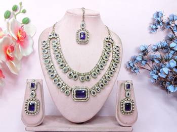 Blue yellow gold premium designer american diamond and stone work necklace set 1