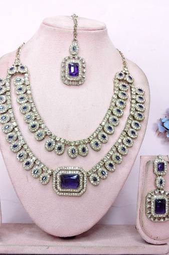 Blue yellow gold premium designer american diamond and stone work necklace set