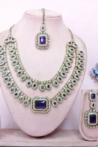 Blue yellow gold premium designer american diamond and stone work necklace set