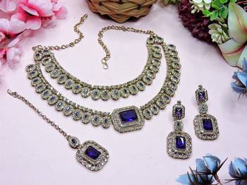 Blue yellow gold premium designer american diamond and stone work necklace set 2
