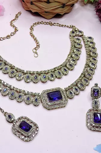 Blue yellow gold premium designer american diamond and stone work necklace set