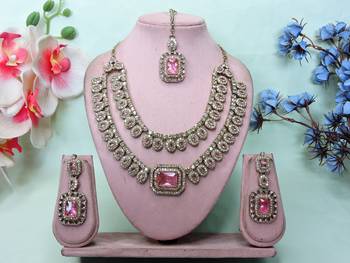 Pink yellow gold premium designer american diamond and stone work necklace set 1