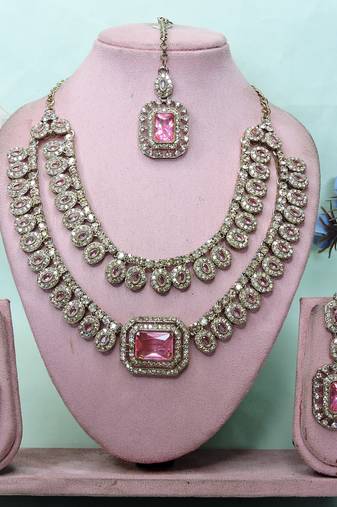 Pink yellow gold premium designer american diamond and stone work necklace set
