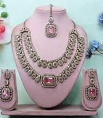 Pink yellow gold premium designer american diamond and stone work necklace set