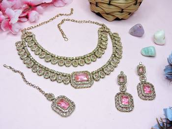 Pink yellow gold premium designer american diamond and stone work necklace set 2