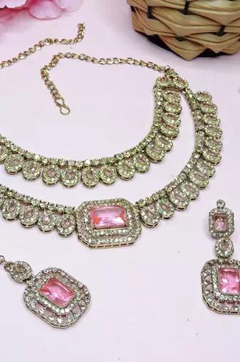 Pink yellow gold premium designer american diamond and stone work necklace set