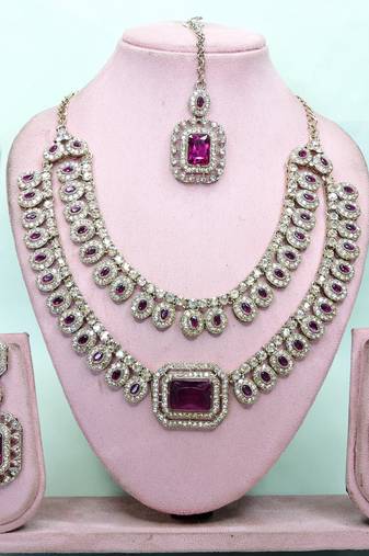 Purple yellow gold premium designer american diamond and stone work necklace set