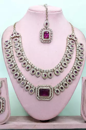 Purple yellow gold premium designer american diamond and stone work necklace set