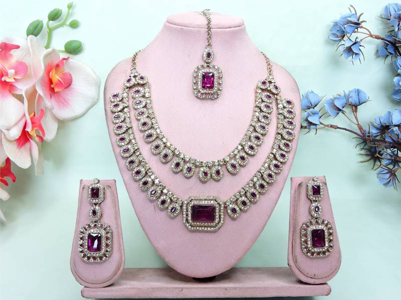 Purple yellow gold premium designer american diamond and stone work necklace set