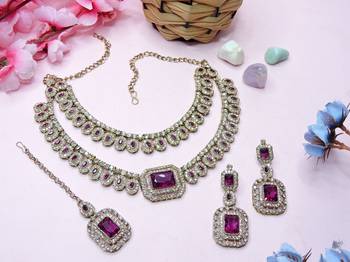 Purple yellow gold premium designer american diamond and stone work necklace set 2