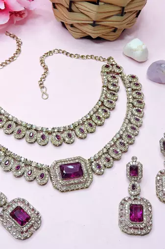 Purple yellow gold premium designer american diamond and stone work necklace set