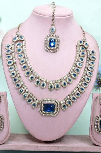 Blue yellow gold premium designer american diamond and stone work necklace set