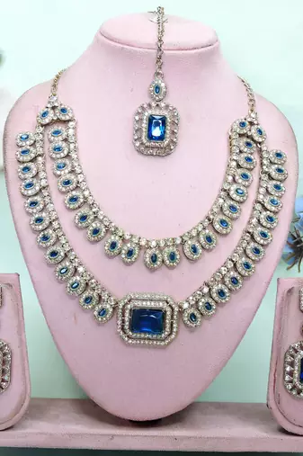 Blue yellow gold premium designer american diamond and stone work necklace set