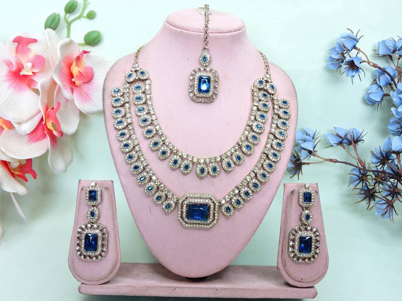 Blue yellow gold premium designer american diamond and stone work necklace set