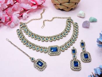 Blue yellow gold premium designer american diamond and stone work necklace set 2